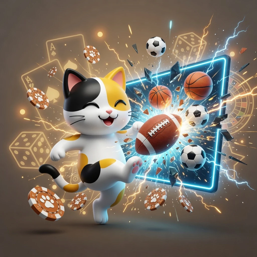 mobile app — hand holding smartphone displaying LuckyCalico casino app interface, dark neon background